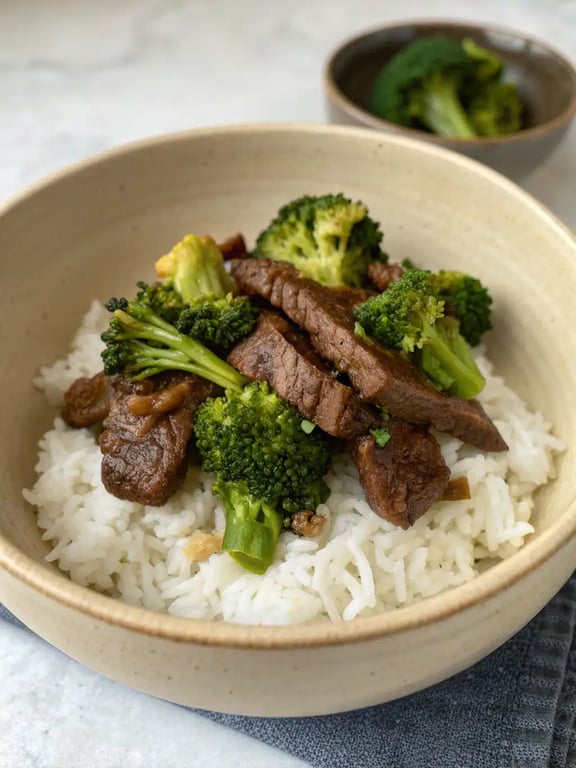 beef and broccoli beautifully plated with rice and garnishes