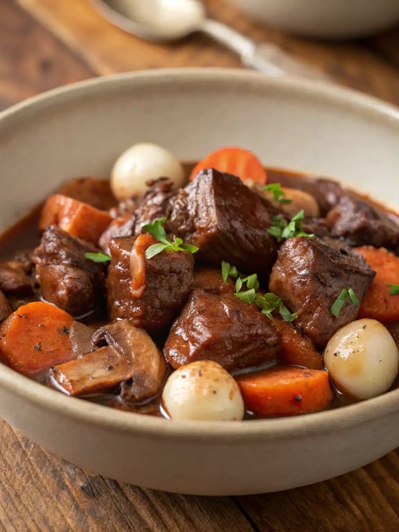 Receita de boeuf bourguignon, elegantemente apresentada em uma tigela rasa com purê de batatas.