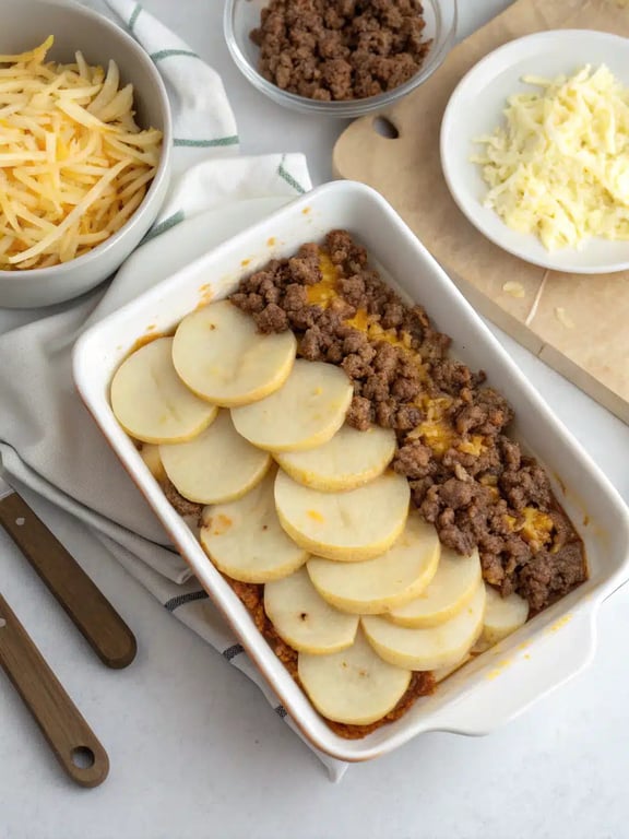 Step 4 for beef potato casserole — texture check