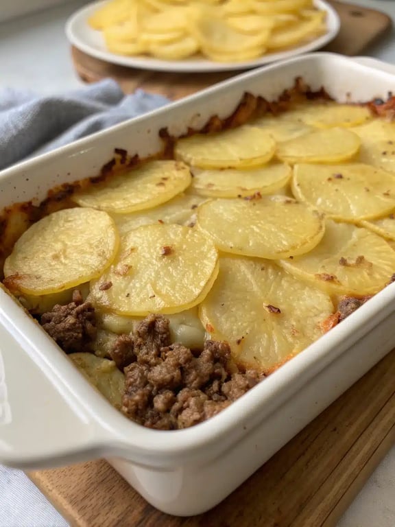 beef potato casserole served on a plate with a side salad