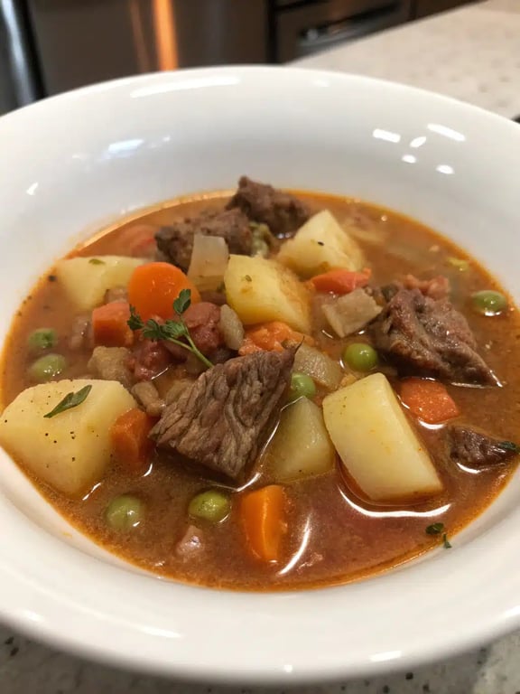 A beautifully served bowl of beef potato soup with a side of crusty bread on a rustic table