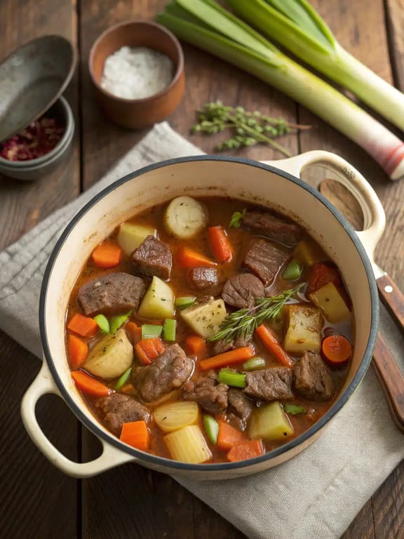 Final step for beef stew recipe — ladling stew into a bowl