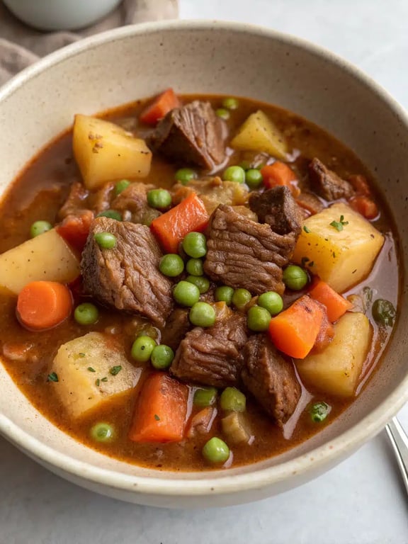 beef stew recipe served in a rustic bowl with crusty bread on the side