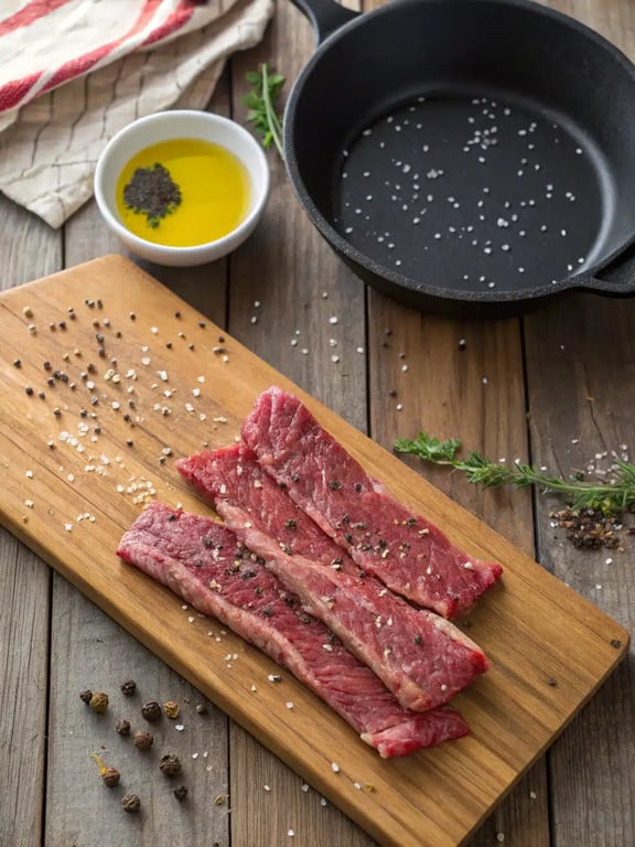 Step 2 for beef stroganoff recipe — searing beef in a skillet