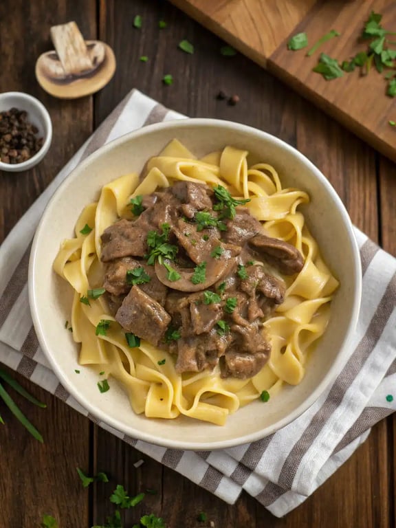 beef stroganoff recipe beautifully plated with noodles and a side salad