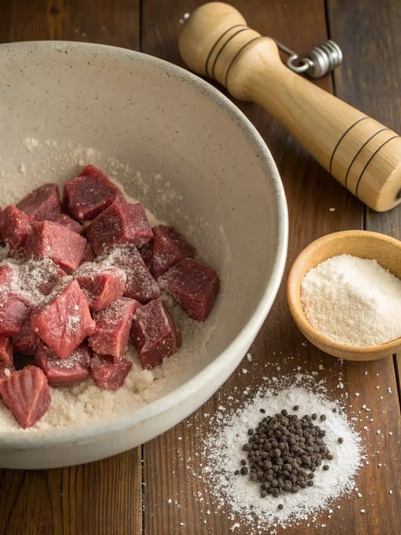 Step 2 for beef tips slow cooker — layering beef and vegetables in the slow cooker insert