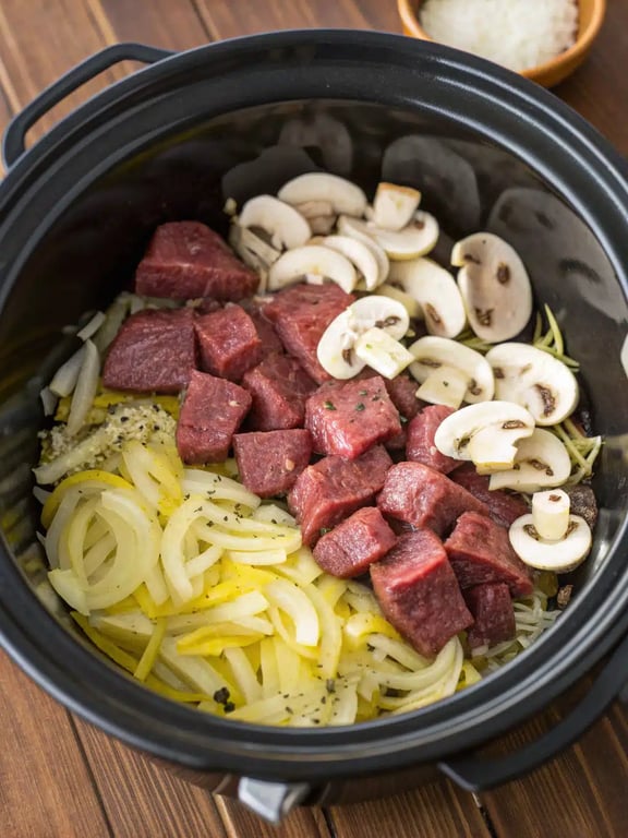 Step 4 for beef tips slow cooker — checking the tenderness of the beef stew meat