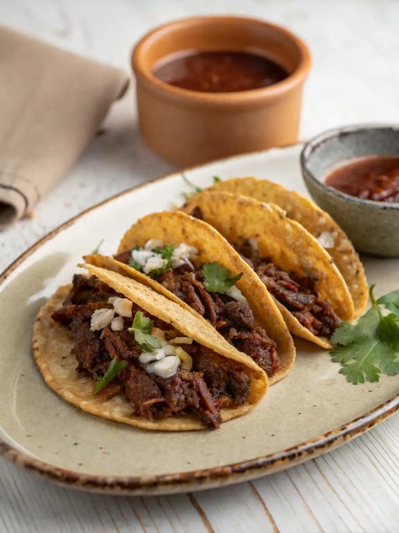 A vibrant platter of birria tacos recipe with consommé and fresh toppings