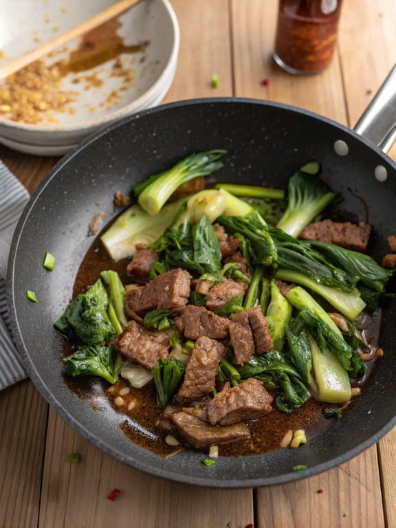 Final step for bok choy beef stir fry — plated and ready