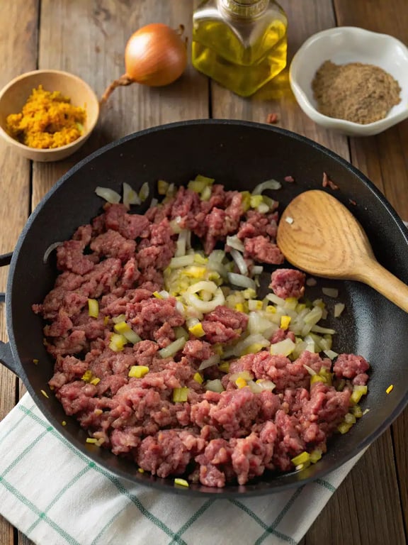 Step 2 for bowtie pasta beef — process in progress