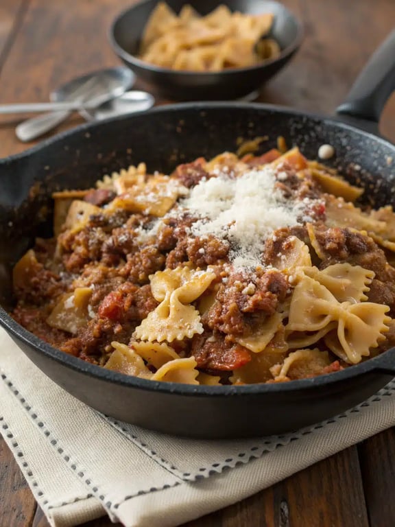Final step for bowtie pasta beef — plated and ready