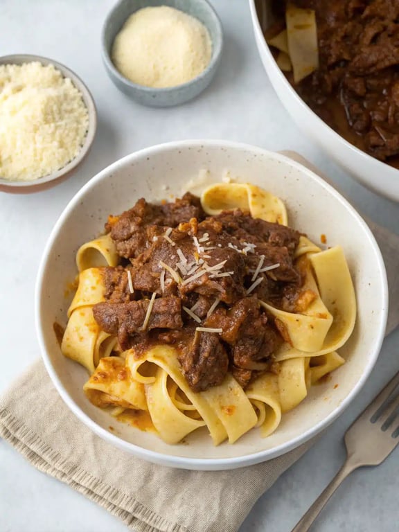 braised beef ragu served over pappardelle pasta with parmesan cheese