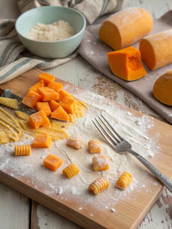Hands shaping butternut squash gnocchi dough ropes and cutting them into pieces