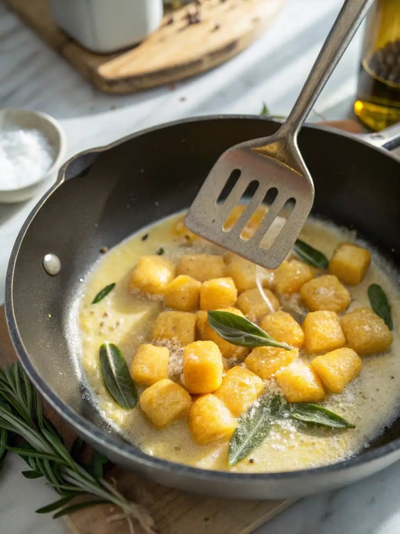 Finished butternut squash gnocchi tossed in a brown butter sauce with crispy sage