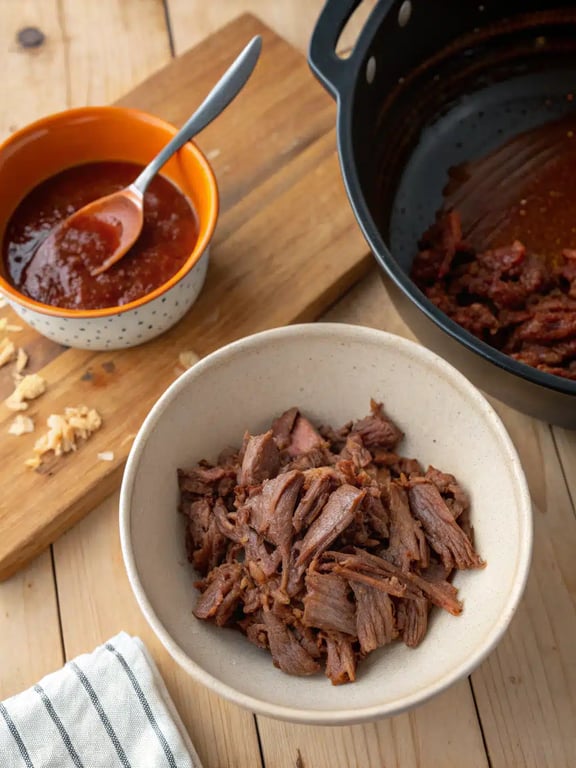 Step 4 for caramelized pulled beef — texture check