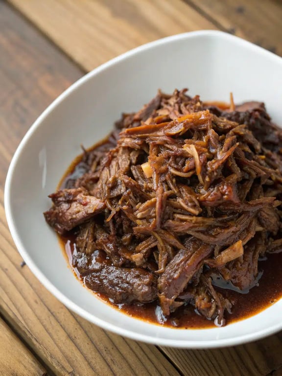 caramelized pulled beef served in a soft bun as a shredded beef sandwich