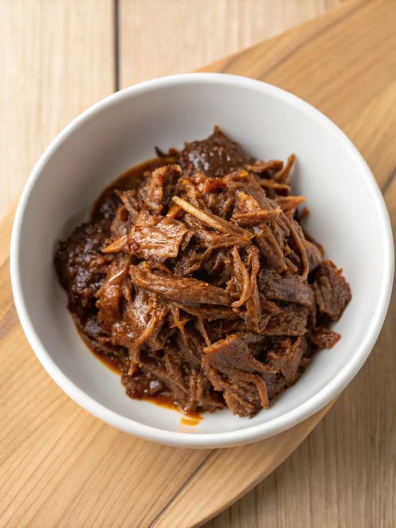 caramelized pulled beef served on a toasted bun with coleslaw