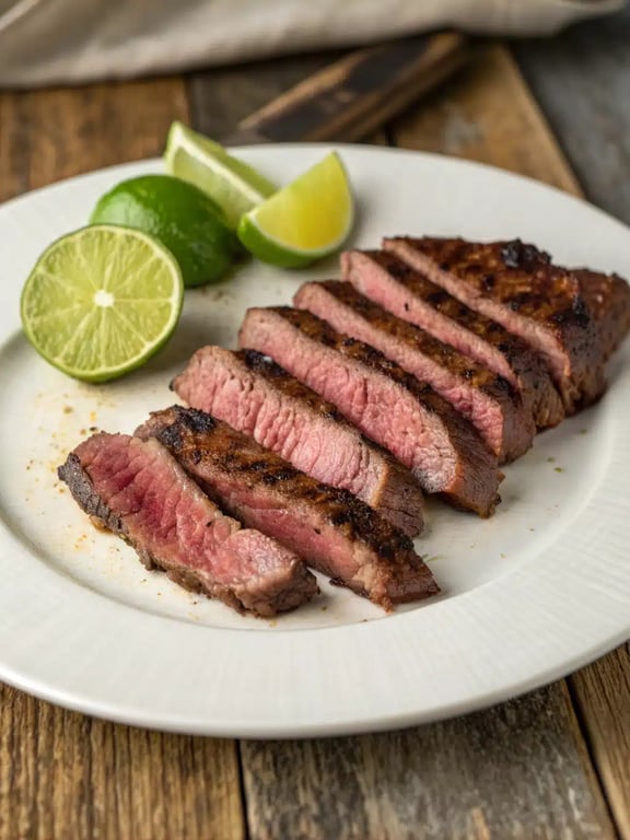 chili lime steak plated with rice, beans, and lime wedges for a complete meal