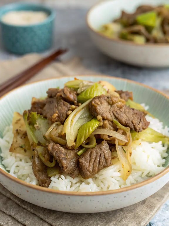 Chinese beef cabbage stir fry plated beautifully with white rice and garnishes