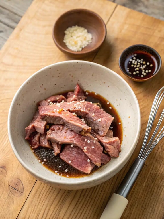 Searing marinated steak in a hot wok for Chinese pepper steak