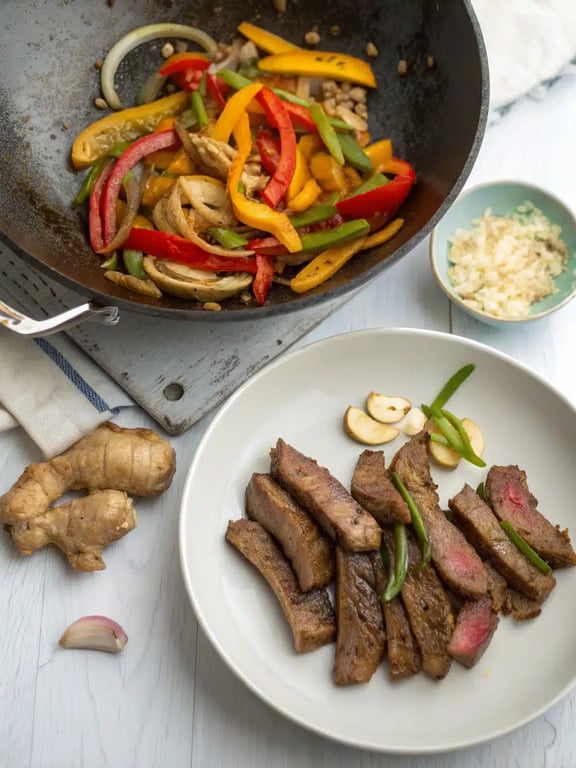 Cooking garlic and ginger with vegetables for Chinese pepper steak sauce