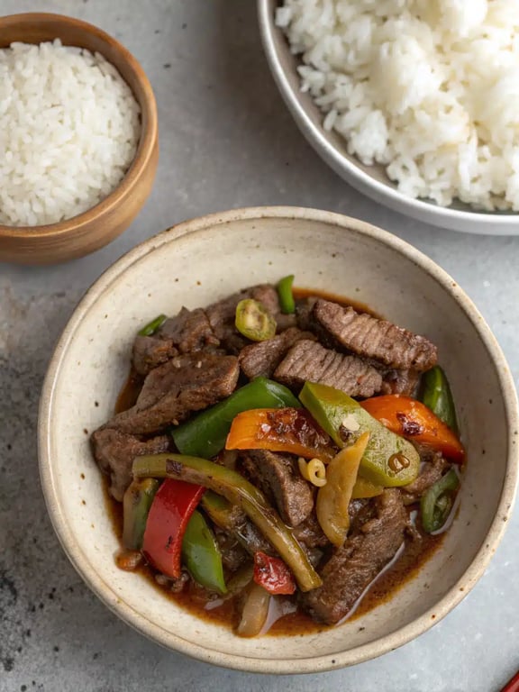 Chinese pepper steak beautifully plated in a shallow bowl with jasmine rice and garnished with green onions