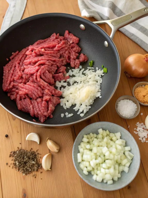 Cooking ground beef and onions in a skillet for the crispy baked taco filling