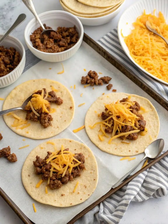 Hands filling a warm corn tortilla with beef and cheese for crispy baked tacos