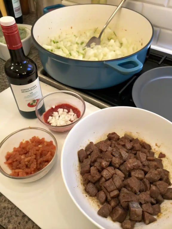 Deglazing the pot with liquid for a rich French beef stew base