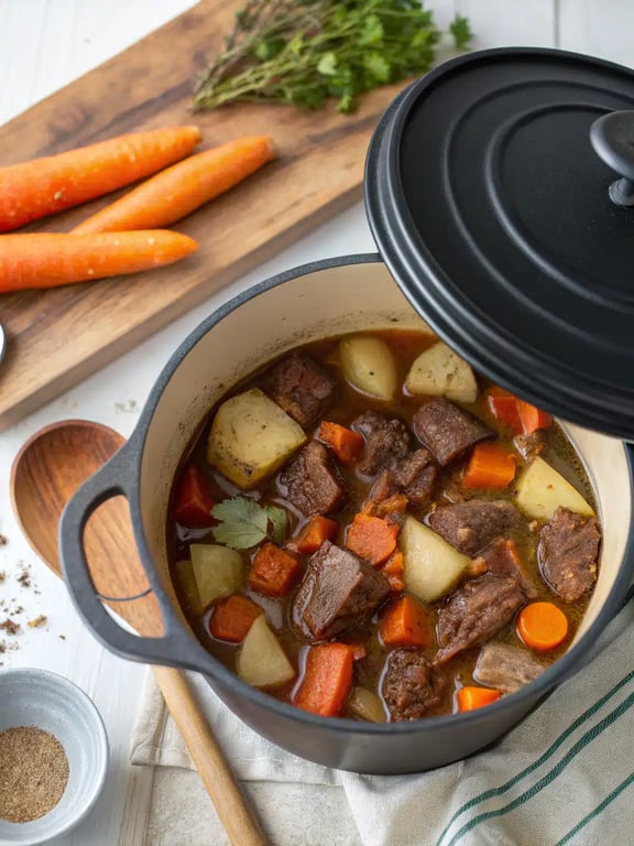 A finished bowl of French beef stew garnished with fresh parsley