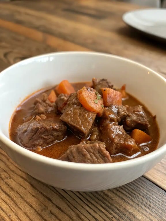 A beautifully plated bowl of French beef stew with a side of crusty bread on a rustic table