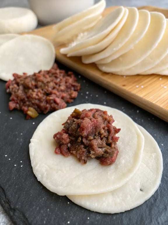Steaming ground beef dumplings in a skillet with a lid, creating a cloud of steam.