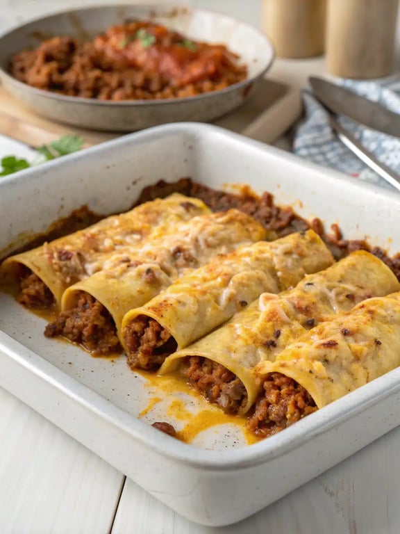 A beautifully plated serving of ground beef enchiladas with rice, beans, and fresh garnishes