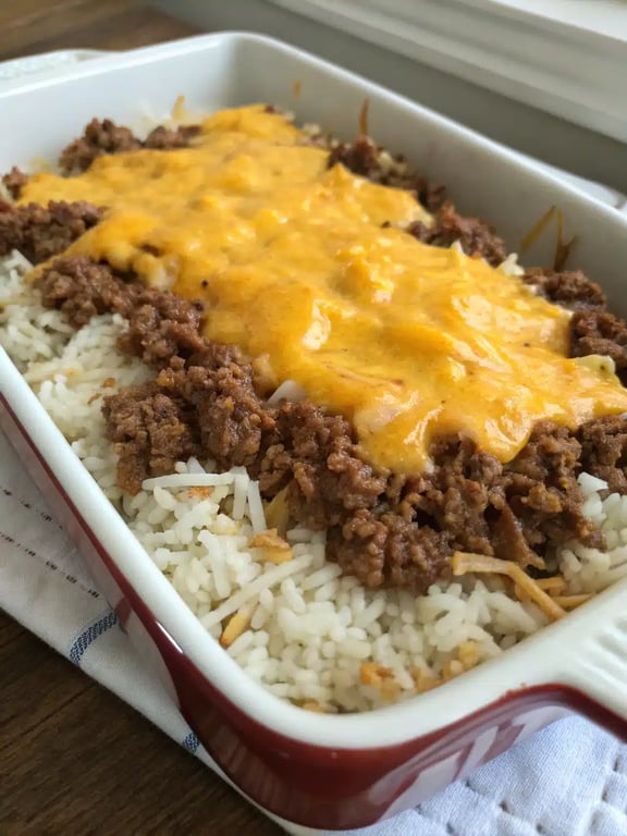 hamburger rice casserole served on a plate with a side salad