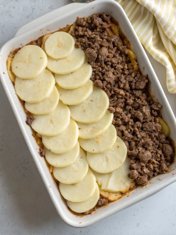 Step 4 for hobo casserole recipe — casserole topped with melted butter and shredded cheese