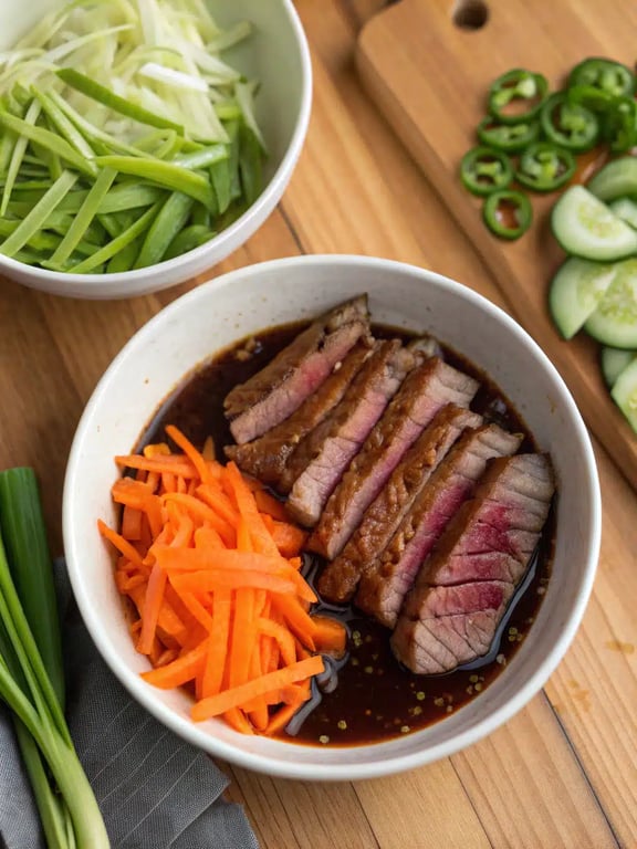 Step 4 for Korean BBQ steak bowls — texture check