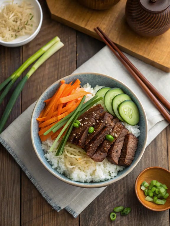 Korean BBQ steak bowls beautifully plated with colorful toppings and a soft-boiled egg