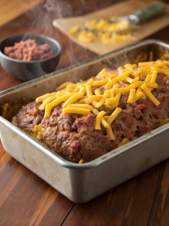 Etapa final para o bolo de carne com macarrão com queijo — empratado e pronto!