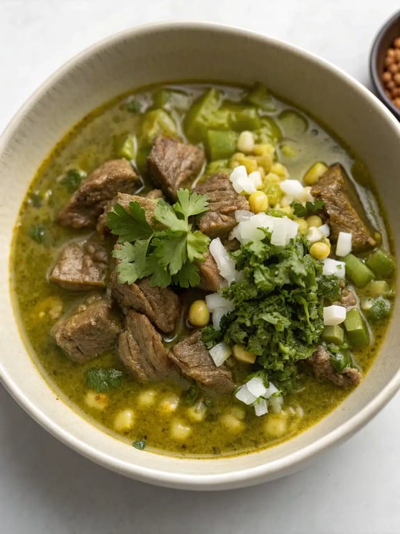 A bowl of Mexican beef chili verde topped with avocado, cheese, and cilantro