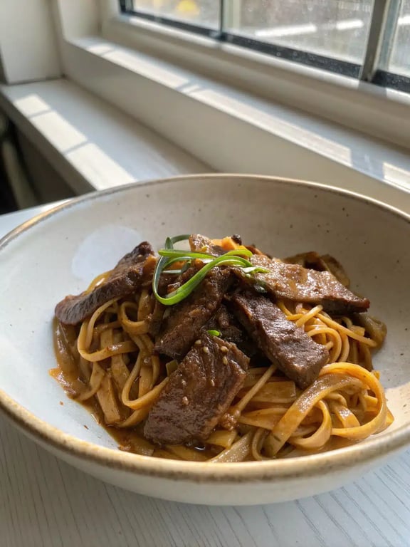 A beautifully plated bowl of Mongolian beef noodles with green onions and sesame seeds