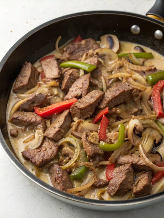 Step 4 for Philly cheesesteak pasta — making the creamy cheese sauce
