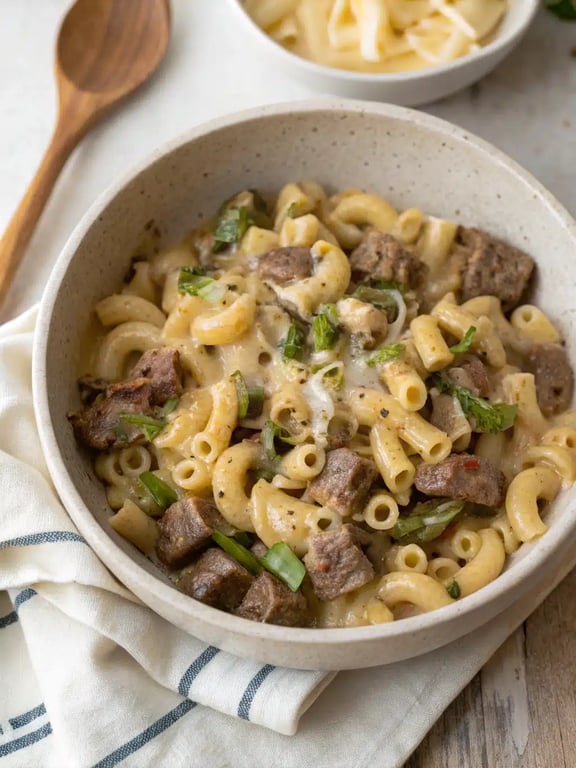 Final step for Philly cheesesteak pasta — plated and ready to eat