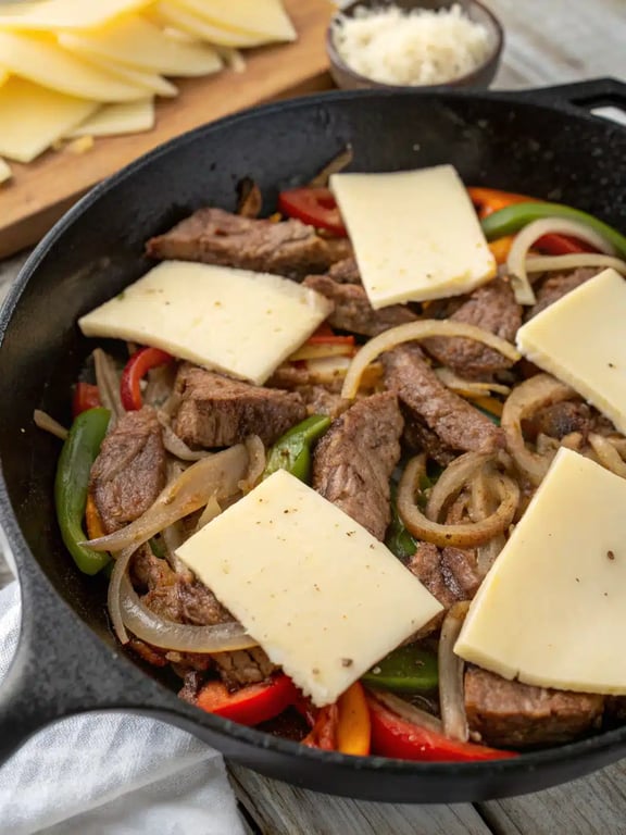 Step 4 for Philly cheesesteak recipe — melting provolone cheese over the steak mixture