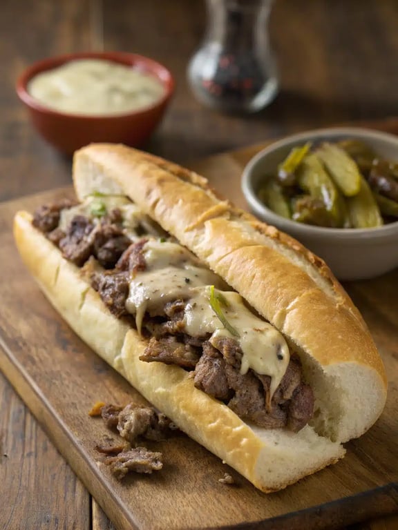A fully plated Philly cheesesteak recipe served with crispy fries and a pickle spear