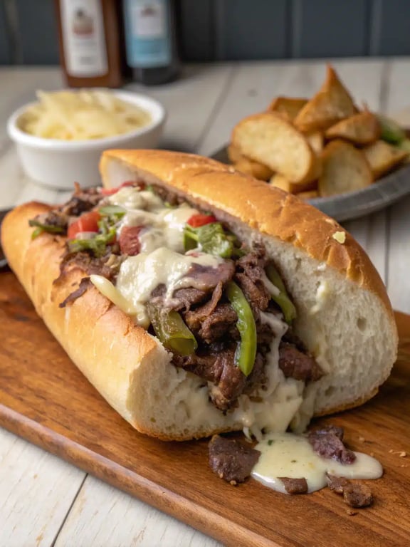 philly cheesesteak recipe plated with chips and pickles on the side
