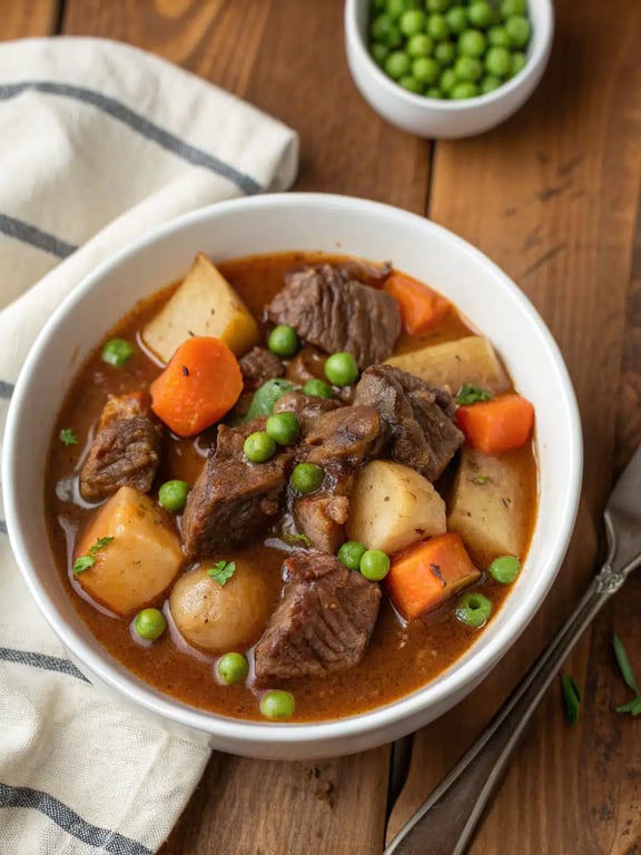 A bowl of slow cooker beef stew served with a side of crusty bread on a rustic table