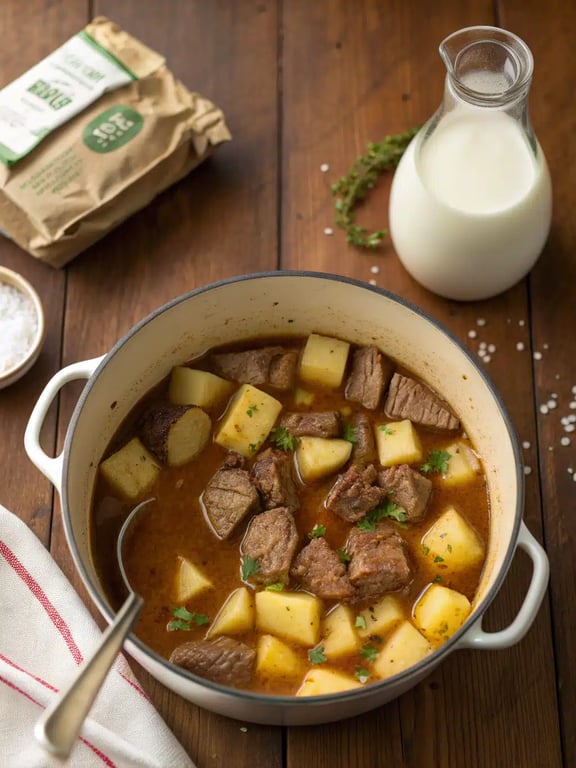 A finished bowl of steak potato soup, steaming and ready to eat