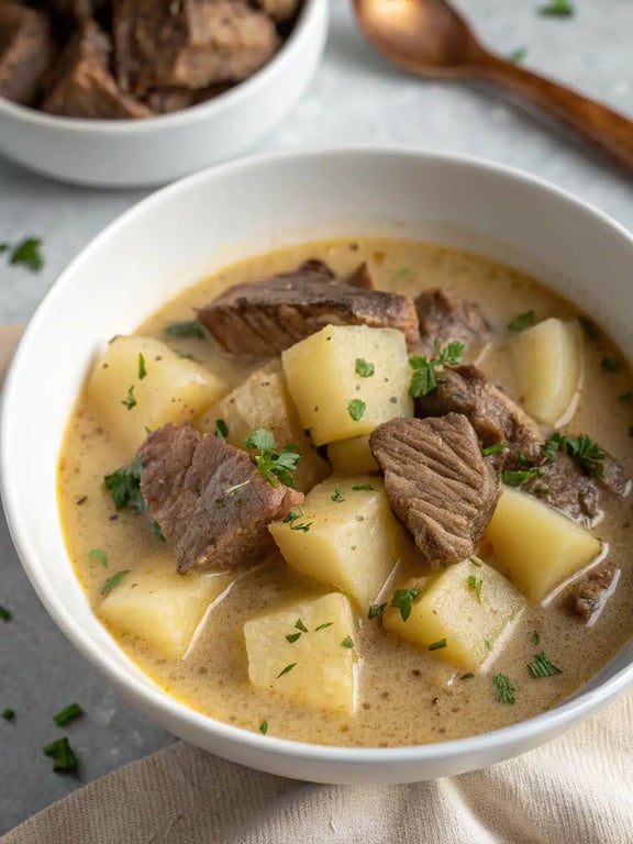 A beautifully set table with bowls of steak potato soup, crusty bread, and a fresh salad