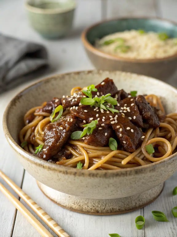 Quick sticky beef noodles with bold flavor