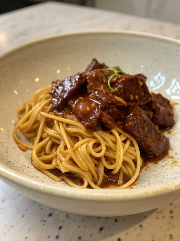 A family-style bowl of sticky beef noodles surrounded by small plates of sides